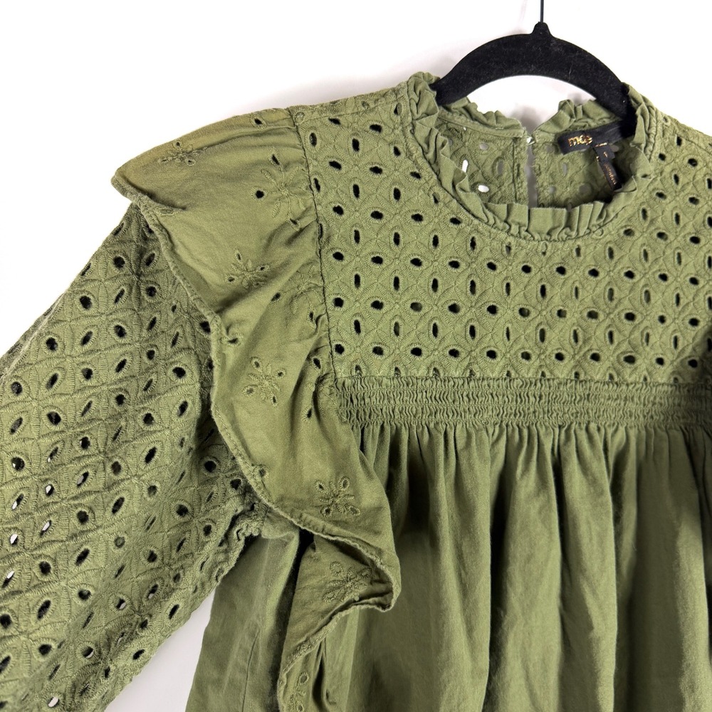 Maje Linode Eyelet Ruffle Blouse Green Long Sleeve Top Sz 1 FR / 4 US - Picture 5 of 11